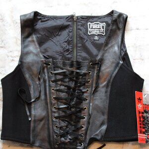 Women's Leather Vest Black Front Lace Back Zipper  Size XL